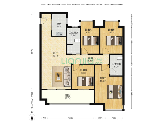 华润昆仑御 4室1厅2卫 126平方