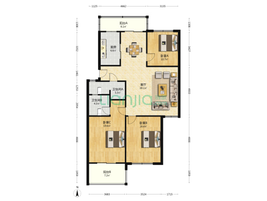 芳泽园小区 3室1厅2卫 135平方