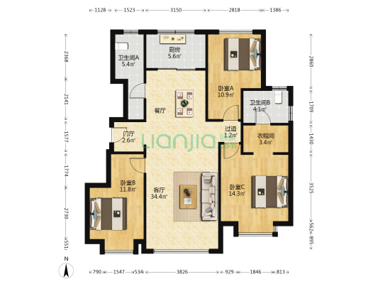 旭辉陸號院 3室1厅2卫 121平方
