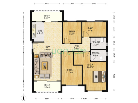 中骏雍景湾 3室1厅2卫 126平方