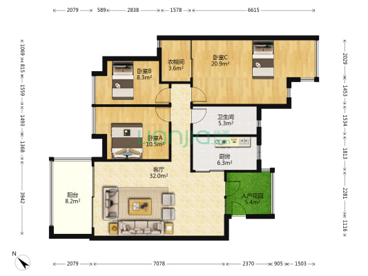 万科四季花城百合苑 3室1厅1卫 110平方