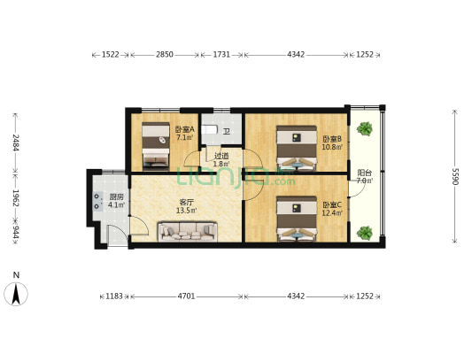昆明市日用化工厂 3室1厅1卫 58平方