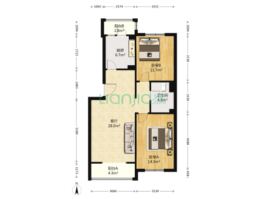 万科新城紫荆苑 2室1厅1卫 91平方