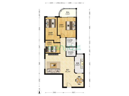 香蜜三村 3室1厅2卫 105平方