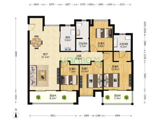 绿地中央公园江悦 4室1厅2卫 138平方