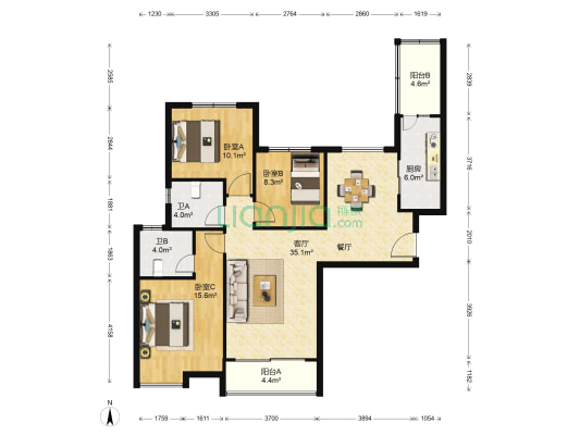 恒大雅苑 3室1厅2卫 134平方