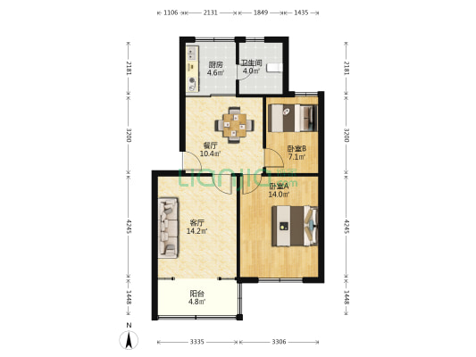 紫薇中路 2室2厅1卫 70平方