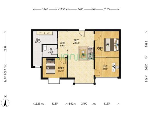 盾安九龙城B区，住家装修两室改三室，拎包入住-户型图