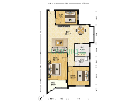 嘉华花园东区 3室1厅1卫 85平方
