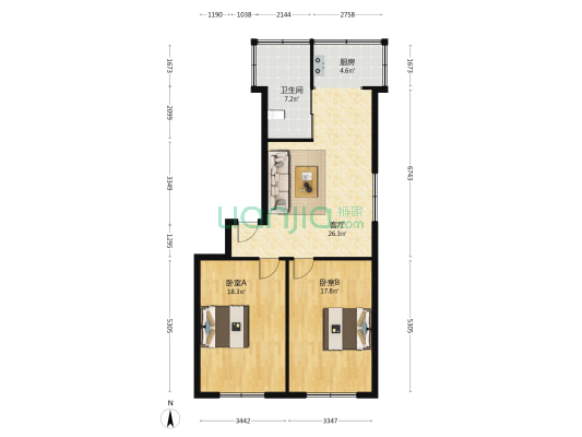 建材局宿舍 2室1厅1卫 87平方