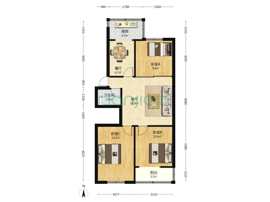 贸易街97号院 3室2厅1卫 84平方