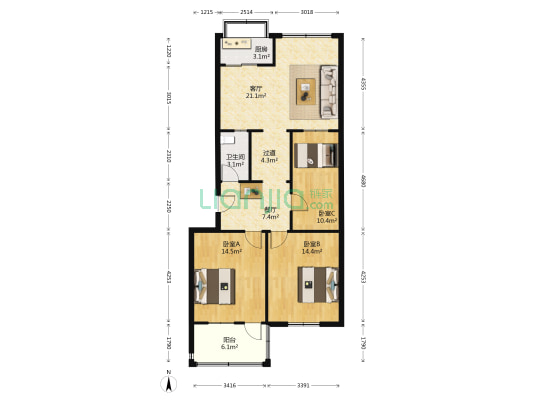 桃源南街3号院 3室2厅1卫 98平方