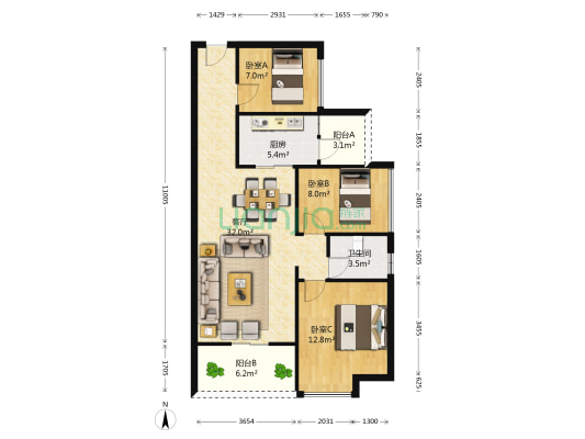 伟豪领御世家 3室1厅1卫 85平方