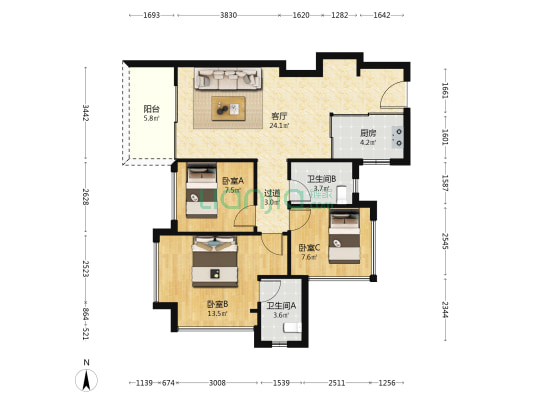 中海珑悦理家园 3室1厅2卫 88平方