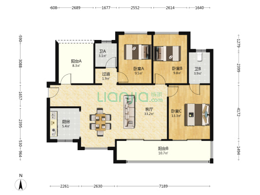 万科观山甲第 3室1厅2卫 117平方