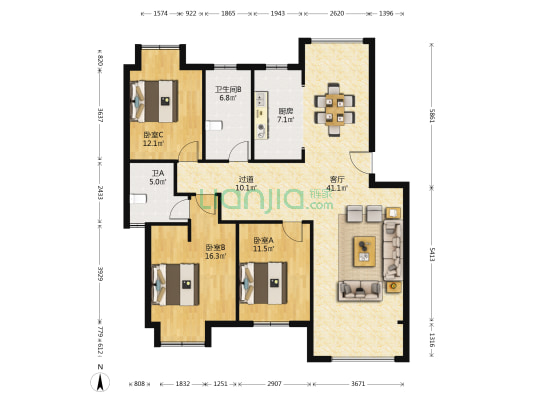 悦来三村 3室1厅2卫 132平方