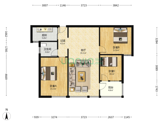 滨河花苑山江府 3室1厅1卫 90平方