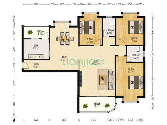 江医小区 3室2厅2卫 162平方