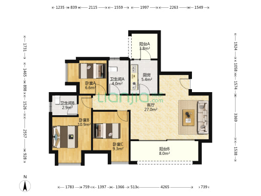 枫香桂园 3室1厅2卫 95平方