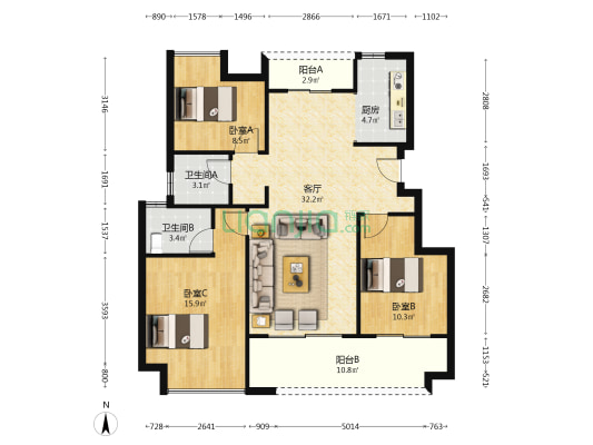 中大艾溪府 3室1厅2卫 104平方