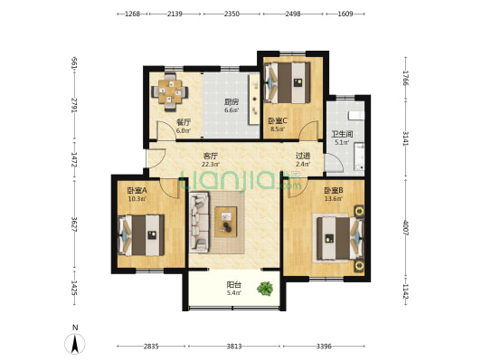 枫林绿洲 3室2厅1卫 102平方