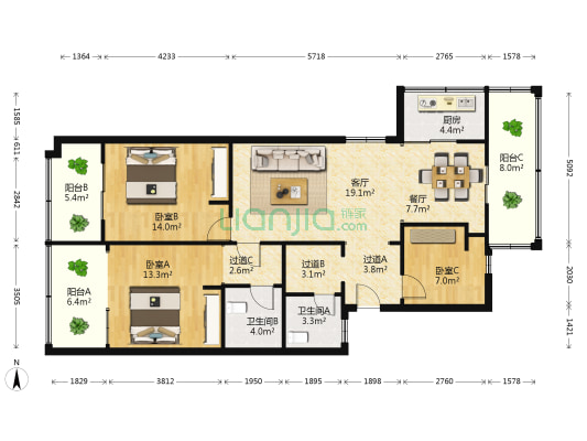 灵建小区 3室2厅2卫 113平方