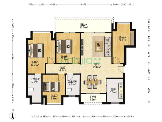 御临府二期珑园 4室1厅2卫 112平方