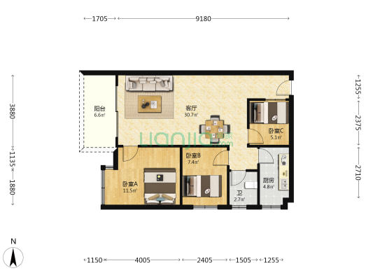怀清庭苑嘉清阁 3室1厅1卫 89平方