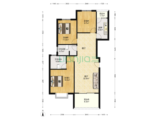 南悦城幸福湾 3室1厅2卫 115平方