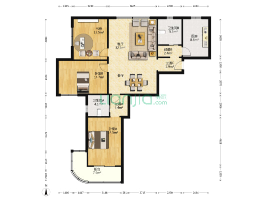 澳门新苑 3室1厅2卫 148平方