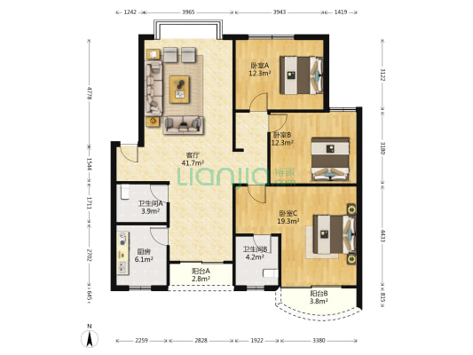筇海苑 3室1厅2卫 129平方