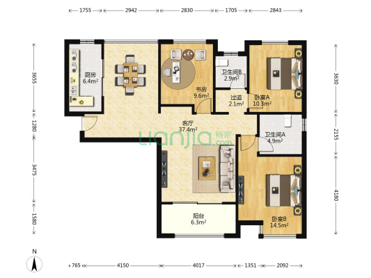 金科世界城B区 3室1厅2卫 119平方
