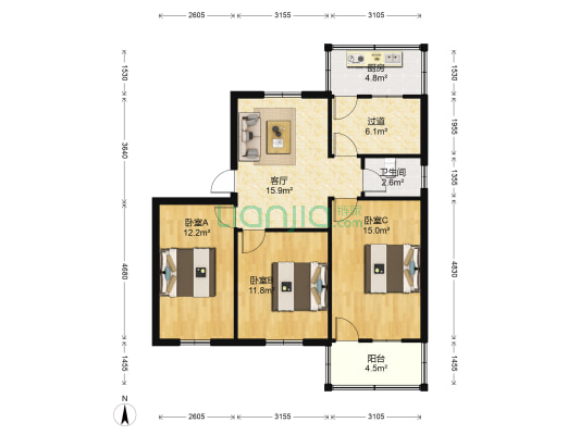 粮食局家属院 3室1厅1卫 97平方