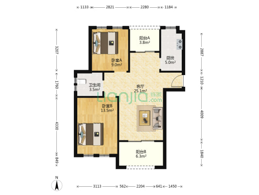 贝多芬公馆 2室1厅1卫 85平方