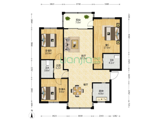 景云桥小区 3室1厅2卫 118平方