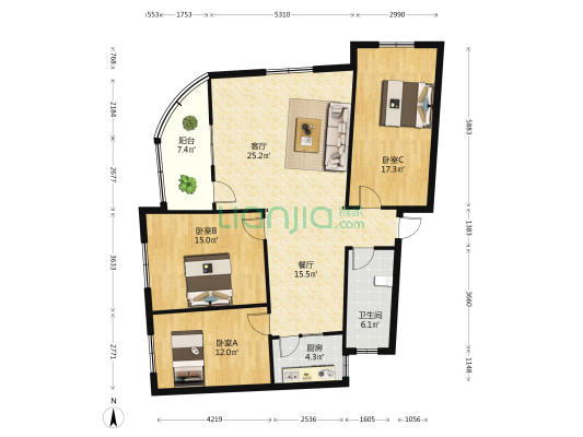 西关纺织品家属院 3室2厅1卫 125平方