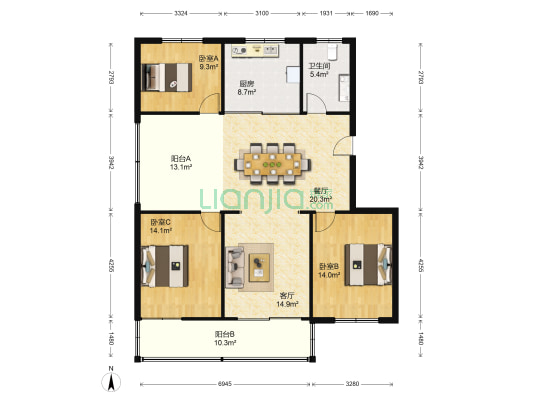 大同新村 3室2厅1卫 131平方