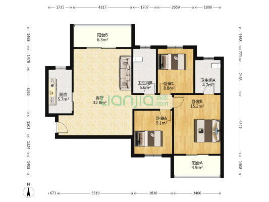 汉城花园 3室1厅2卫 121平方