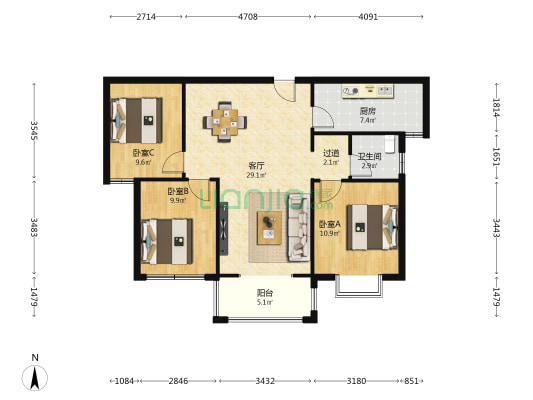 天鹅湖西区 3室1厅1卫 105平方