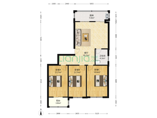 监狱管理局宿舍 3室1厅1卫 103平方