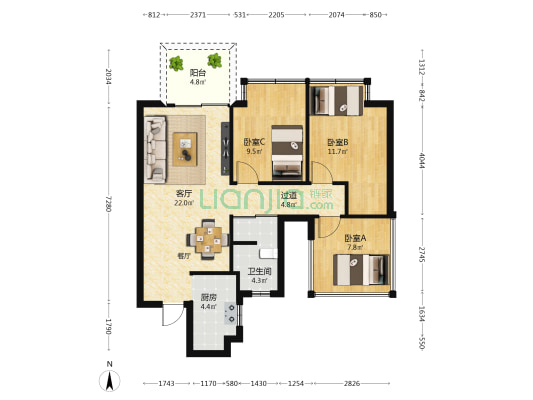 美的新希望锦云湖光 3室1厅1卫 75平方