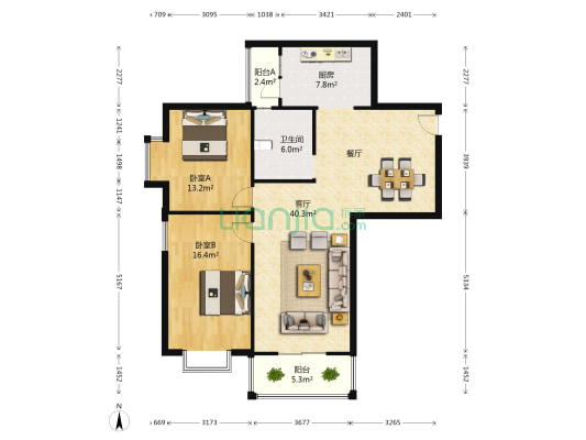 保利海寓 2室1厅1卫 116平方