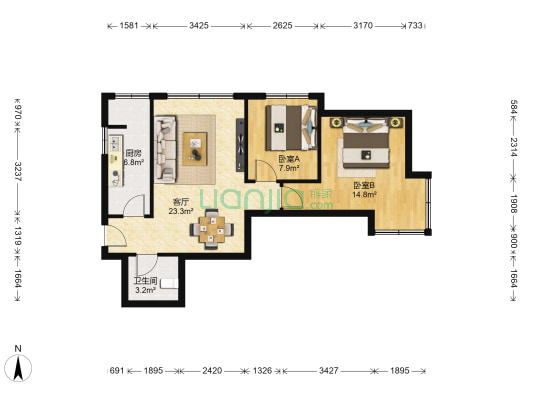 兰石豪布斯卡瑞园 2室1厅1卫 80平方