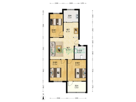 常青园 3室2厅1卫 87平方