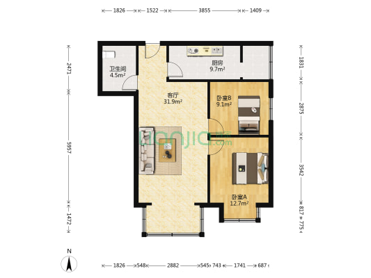 岳阳里(塘沽区) 2室1厅1卫 92平方