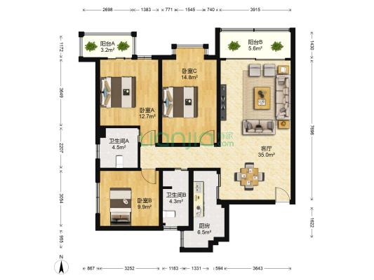 鑫源广场 3室1厅2卫 129平方