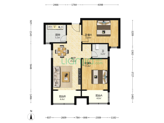 安联生态城檀悦府 2室1厅1卫 93平方