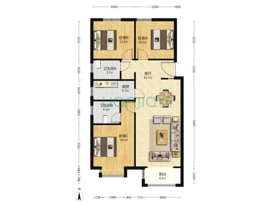 康城瑞府 3室1厅2卫 129平方