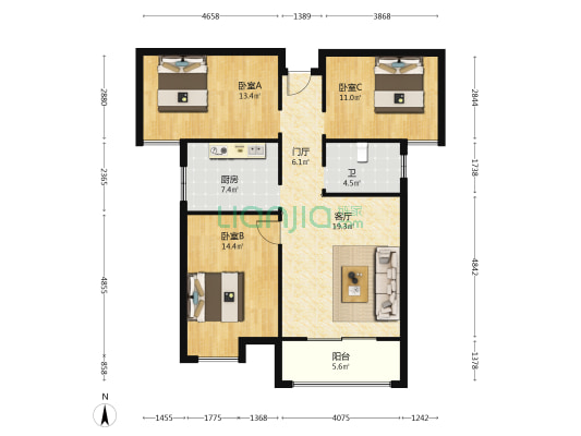 翡翠运河家园 3室1厅1卫 110平方