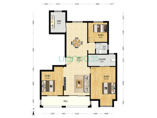 振兴花苑 3室1厅2卫 140平方